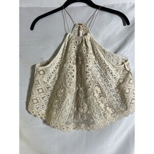 FREE PEOPLE IVORY CROCHET LACE EMBROIDERED HALTER TOP COTTAGECORE BOHO INDIE XS